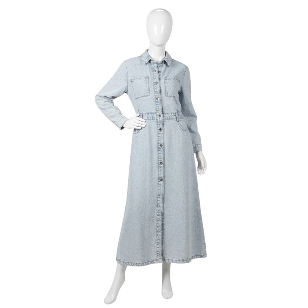 ZARA Denim Maxi Dress Long Sleeve Acid Wash Organic Cotton Shirtdress Size M